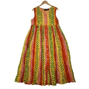 VTG MS Moda Made in India Rainbow sz S Cotton Button Front Tie Back Maxi Dress